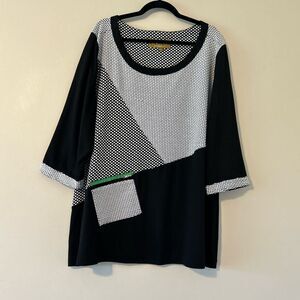 Donna by Donna Vinci 2X Polkadot Black White Green Lagenlook Long Blouse Top